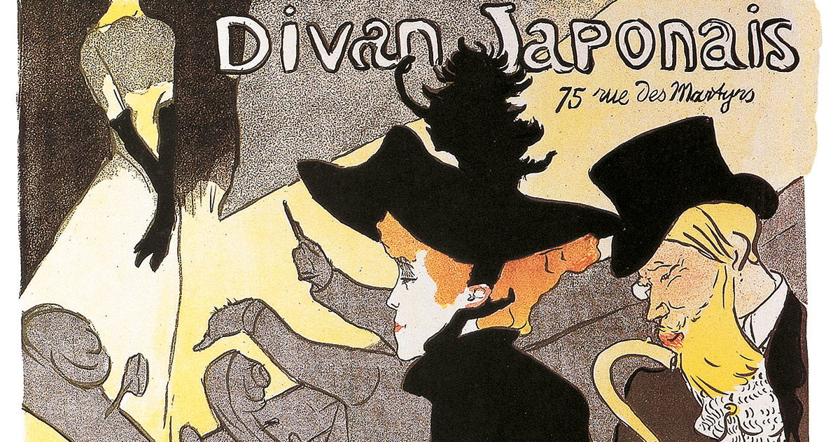 Henri de Toulouse-Lautrec, <em>Divan Japonais</em>, Affiche, litografia a gessetto, pennello e spruzzo con trama a riporto, in quattro colori, Collezione privata