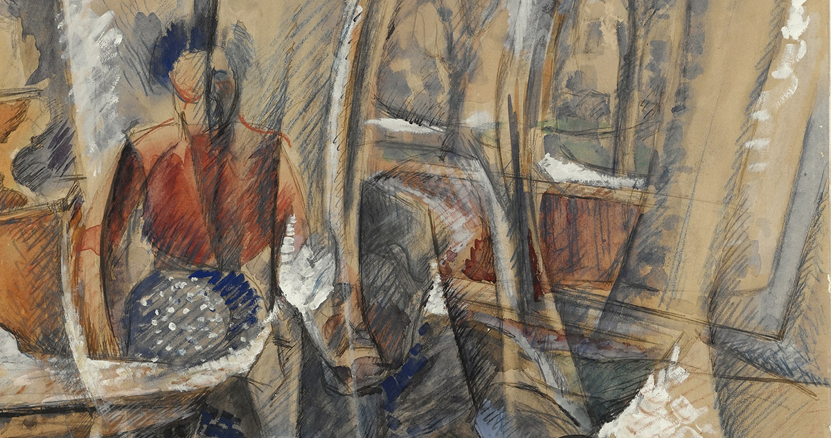 Detail by Umberto Boccioni, <em>Interno con due figure femminili</em>, 1916, graphite, pencil, black ink, coloured pencils, watercolour and white tempera on paper, 654 x 475 mm Castello Sforzesco-Civico Gabinetto dei Disegni, Milan. Photo Annette Keller