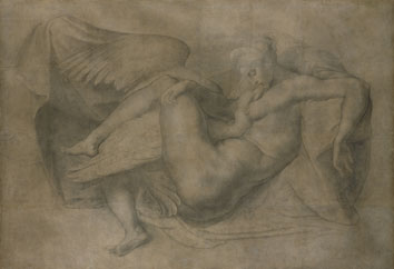 Rosso Fiorentino (attribuito) (da Michelangelo Buonarroti), Leda e il cigno, 1530-1540 (?), disegno a carboncino, 1745 x 2538 mm. Londra, Royal Academy of Arts