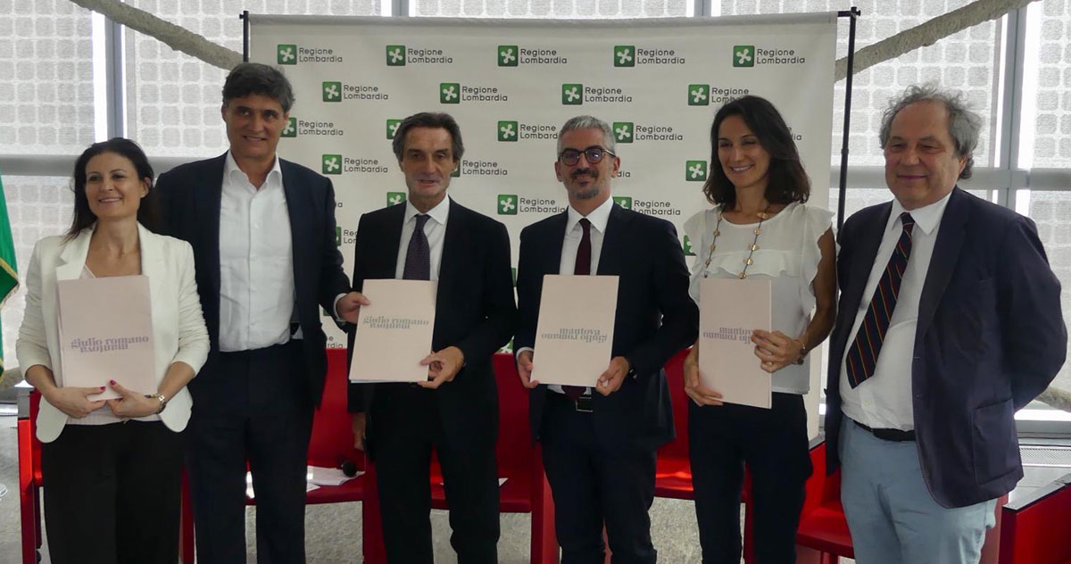 da sx a dx  Chiara Giudice (Direttore marketing e mostre Electa),  Stefano Baia Curioni (Direttore Fondazione Palazzo Te), Attilio Fontana (Presidente Regione Lombardia), Mattia Palazzi (Sindaco di Mantova), Michela Zurla (Palazzo Ducale di Mantova),  Giovanni Pasetti (Consigliere delegato alla cultura Comune di Mantova)