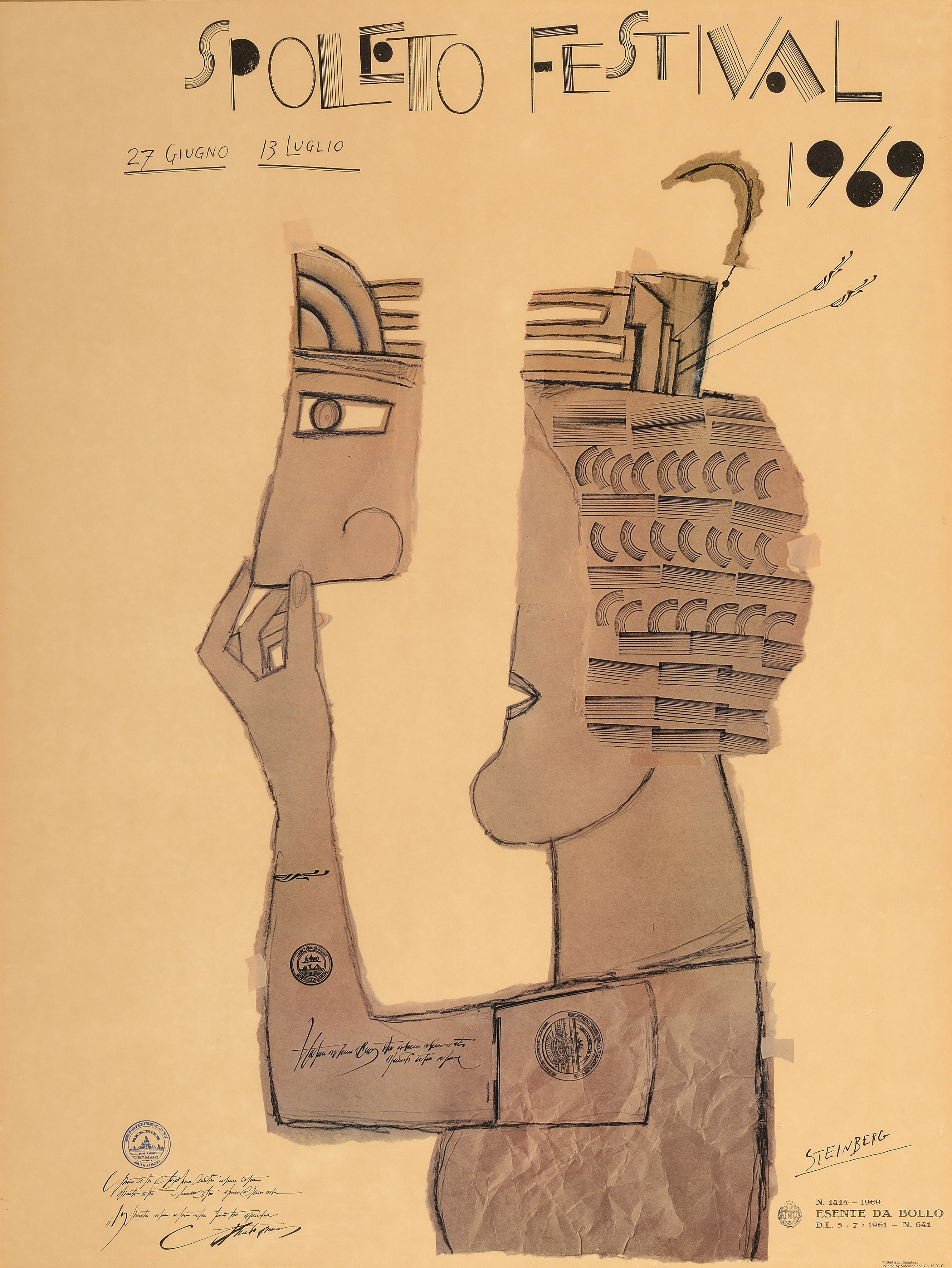 Saul Steinberg, Manifesto per Festival di Spoleto, 1969 pastello, matita, inchiostro e timbro di gomma su carta da pacchi tagliata e strappata, applicata su carta Collezione privata, Ph. Michele Sereni, Pesaro © The Saul Steinberg Foundation/Artists Rights Society (ARS) New York
